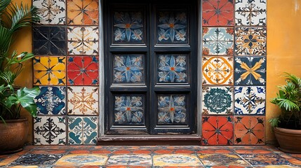 Colorful decorative tiles surround a paneled door, creating a vibrant and inviting entrance. Terracotta pots with lush plants add a touch of nature. Abstract Background Trend