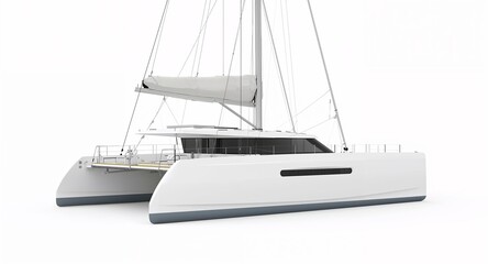 A modern catamaran boat with twin slim hulls wide deck and white sails on plain white background