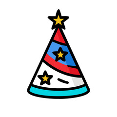 Vector art of festive party hat, adorned with stars and stripes, perfect for celebrations and adding a touch of fun to any event