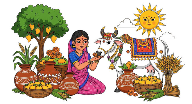 Indian pongal day, Woman In Sari, Decorated Cow, Pottery and Fresh Produce