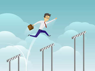 Businessman jumps over obstacle barriers. Business strategy concept. Vector illustration.