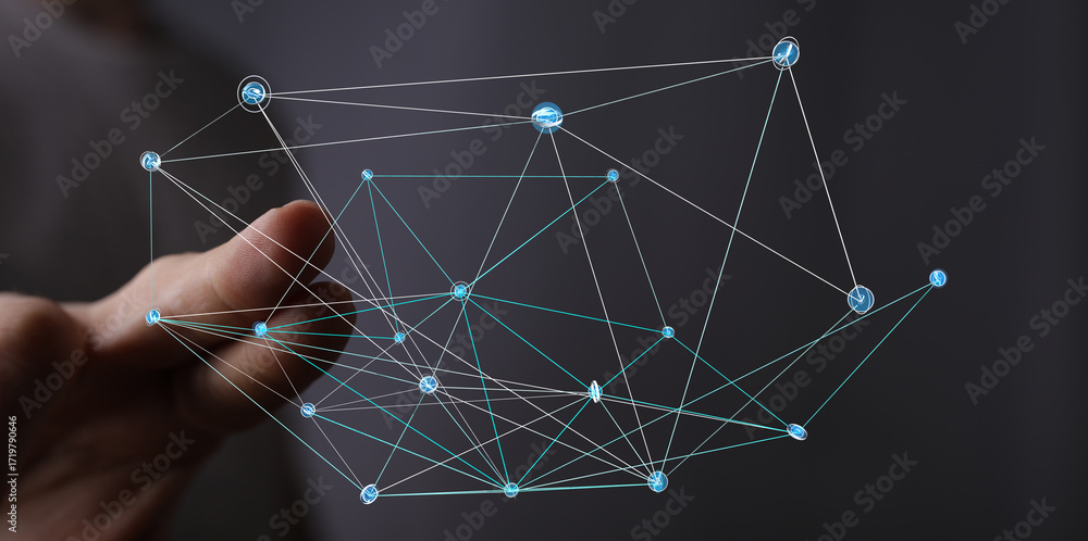 Aufkleber abstract digital network connection concept. hand interacting with glowing nodes and lines.