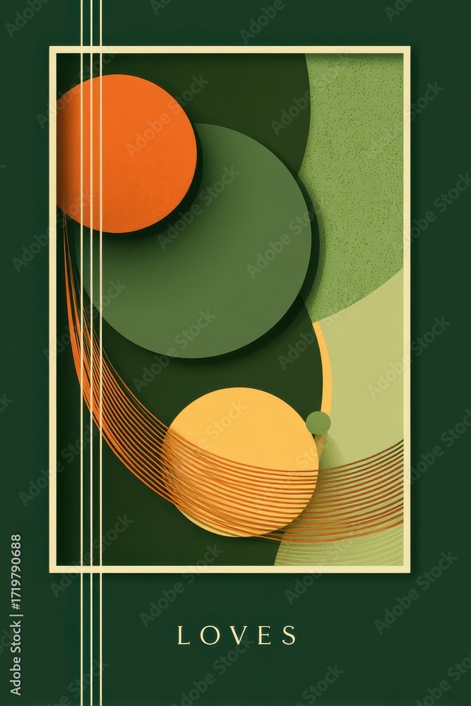 Poster abstract geometric composition with circular and linear patterns in green and orange