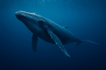 Fototapeta premium Majestic whale gliding underwater in the ocean depths, showcasing graceful movement and tranquility. concept of marine life, ocean exploration, underwater serenity