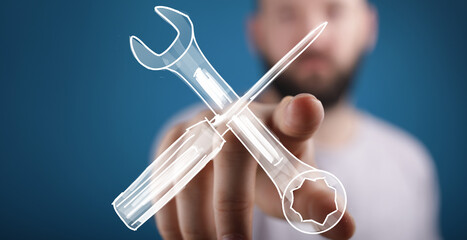 Man pointing at digital wrench and screwdriver.  Perfect for repair, maintenance, and technical...