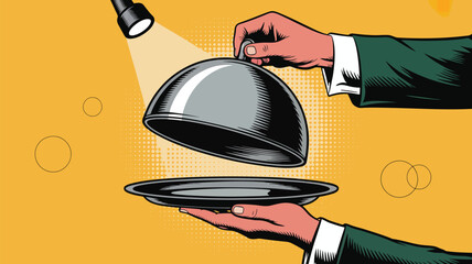 Dramatic reveal of delicious cuisine with a silver platter and cloche, perfect for restaurant promotions and upscale dining experiences with impeccable service, a culinary masterpiece