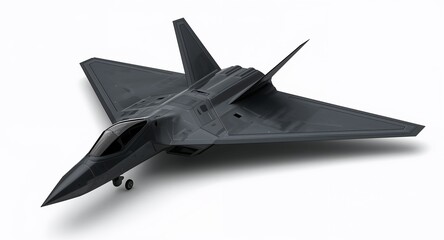 A modern stealth bomber airplane with triangular wing structure matte black finish and sharp edges on plain white background