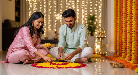 young indian couple celebrating diwali festival at home sitting with decorative rangoli at home