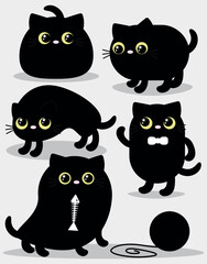 Cute cartoon black cats set with funny poses and accessories