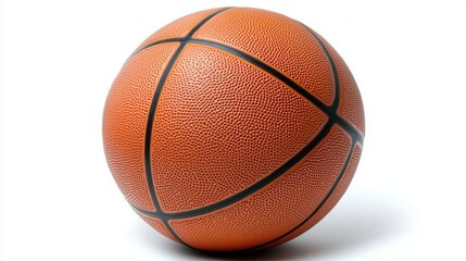 Basketball with textured surface resting on a plain white background, showcasing its vibrant orange color and detailed patterns