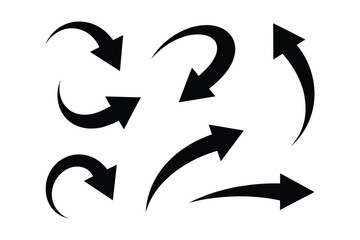 Set of black curved arrow icons collection. Vector graphic pointer symbols for direction, navigation and design elements.