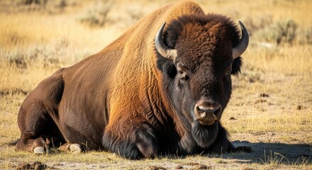 Fototapeta premium American Bison Resting in a Field on a Sunny Day Wildlife