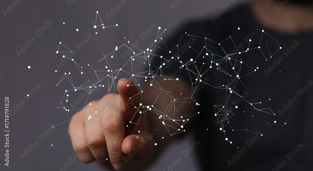 Poster abstract image of finger interacting with a digital network. perfect for tech, innovation, connectio