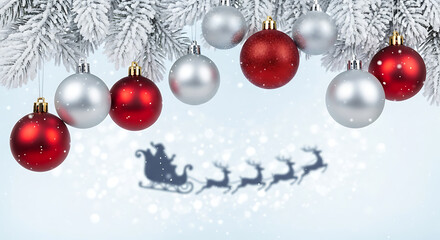 Red and silver Christmas ornaments on frosted branches with Santa sleigh shadow