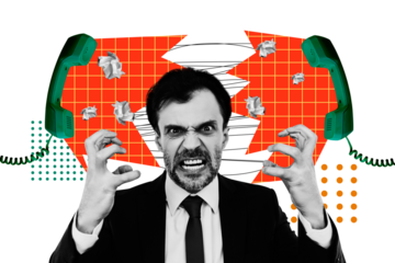 Composite photo collage of angry man call center helpline intensity work telephone handset ring pressure isolated on painted background