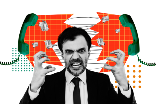 Composite photo collage of angry man call center helpline intensity work telephone handset ring pressure isolated on painted background