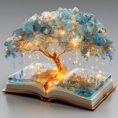 Magical glowing gemstone tree with roots high resolution image