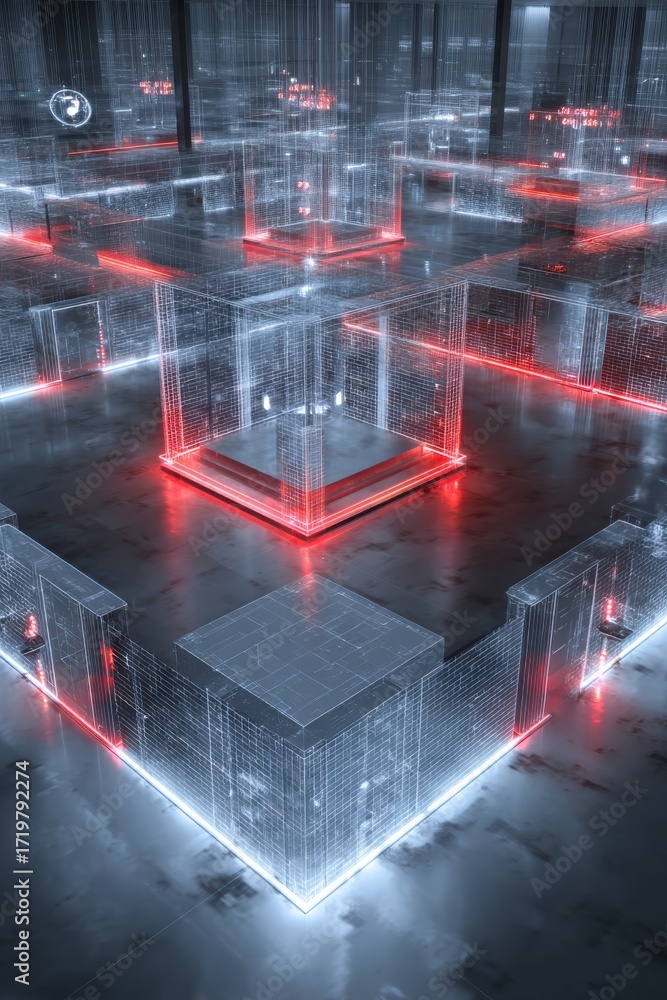 Poster futuristic wireframe digital architecture with red and white highlights