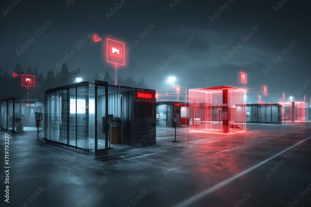 Poster futuristic security checkpoint with abstract digital overlay and glowing elements