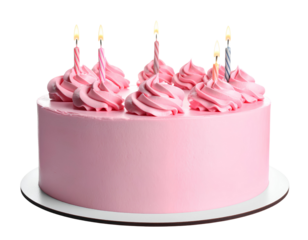 Firefly_Pink birthday cake with frosting and candles, isolated on white background_