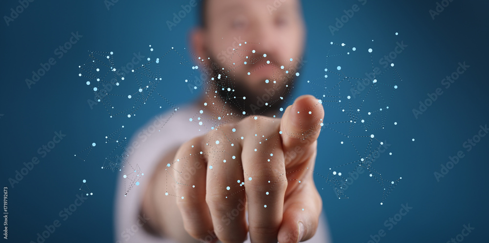 Poster abstract image of a man interacting with a digital network. perfect for technology, connection, and 