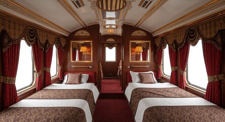 A retro luxury sleeper train with curtained beds golden lamps and detailed roof carvings on plain white background