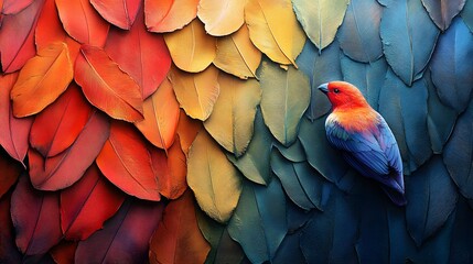 Obraz premium Stylized leaves cascade in a vibrant gradient, from fiery reds to cool blues. A colorful bird, mirroring the leaves' hues, adds life. Abstract Background Trend