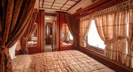 A retro sleeper train with velvet curtains golden trim and polished wood panels on plain white background