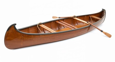 A retro paddle canoe boat with leather seating varnished wooden finish and rope handles on plain white background