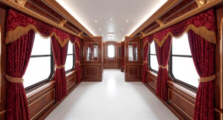 A retro royal luxury train with gold trim velvet curtains and polished wooden panels on plain white background