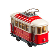 Detailed miniature model of a classic double - decker streetcar featuring bright red paint white roof and trim and simulated window frames