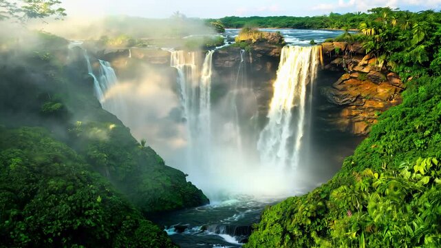 Camera fly around a cascading waterfall. Lush green vegetation surrounds the waterfall, creating a tropical paradise. Natural light. 360-degree video.