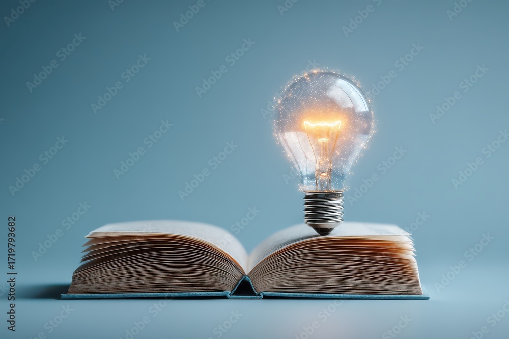 Aufkleber an open book with a glowing light bulb representing creativity and learning
