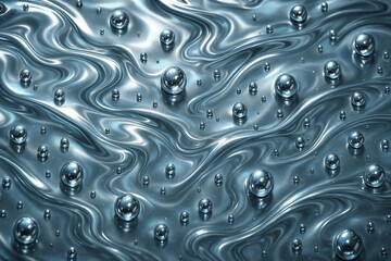 Cool and futuristic abstract background of mercury, quicksilver & liquid silver metal, featuring dynamic 3D waves, glossy chrome texture, and reflective bubbles