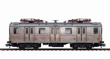 A retro subway train with steel body sliding doors and rooftop ventilation fans on plain white background