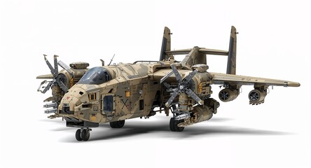 A robotic cargo airplane with mechanical claws visible gears and heavy duty reinforced wings on plain white background