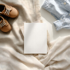 Blank card on soft fabric with baby shoes and striped shirt, creating a cozy scene perfect for baby shower invitations, newborn announcements, nursery decor, and greeting card mockups.
