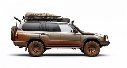 A rugged expedition SUV car with snorkel intake rooftop cargo and mud covered tires on plain white background