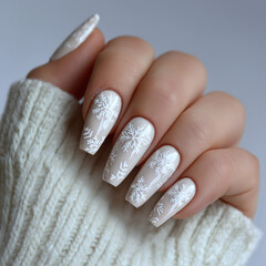 Elegant long white nails with delicate snowflake designs, paired with cozy knitwear, perfect for beauty magazines, nail salon advertising, fashion blogs, and winter-themed promotions.
