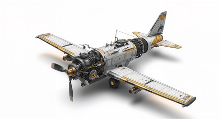A robotic airplane with mechanical wings exposed gears glowing circuits and futuristic engine details on plain white background