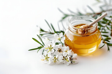 Glass jar of honey with wooden dipper, surrounded by fresh white flowers and green leaves, creating a natural and organic atmosphere for wellness and culinary use