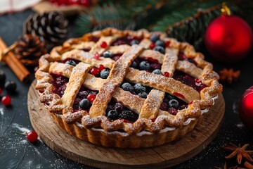 Delicious Christmas berry pie with a golden lattice crust, garnished with powdered sugar, placed on a wooden board, surrounded by festive decorations and natural elements for a cozy atmosphere