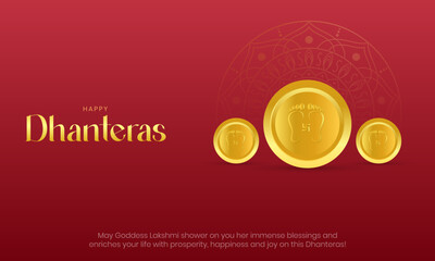 Happy Dhanteras Banner and Greeting Card Wishes. Indian Festival of Lights and Akshaya Tritiya Background with Gold Coin and Text Vector Illustration
