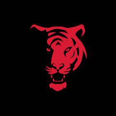 Minimalist Tiger Head Icon, Graphic Design, Bold Black and Red Tones, Modern Art, Digital Illustration