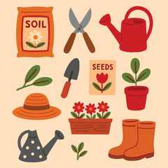 Gardening Soil Seeds Hat Watering Can Planter Boots Cute Happy Joy Plants Flowers Packet Pruning Shears Flower Leave Clipart Set Illustration Vector Print Design