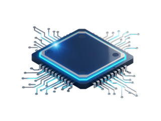 Futuristic blue glowing microprocessor chip with intricate circuitry isolated on transparent background