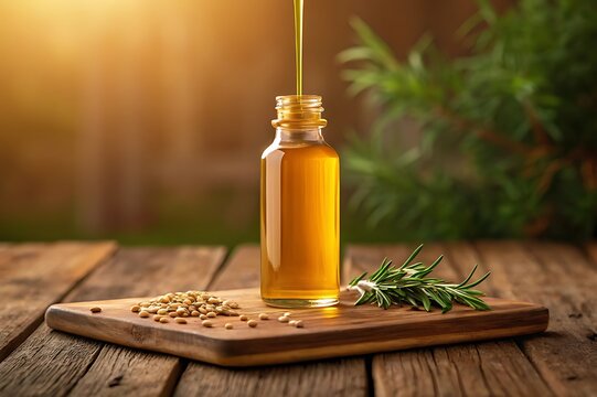 Golden elixir in glass bottle captures natural sunlight and fresh botanicals