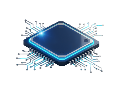 Futuristic blue glowing microprocessor chip with intricate circuitry isolated on transparent background