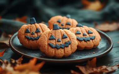 Delicious homemade pumpkin cookies on a plate, surrounded by dry autumn leaves on a wooden table. Generative AI.