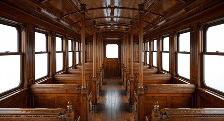 A rustic heritage train with polished wooden interior brass fittings and leather seats on plain white background